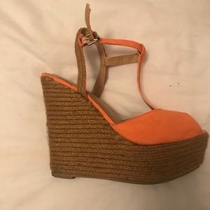 Peach colored cord/twine bottom wedges